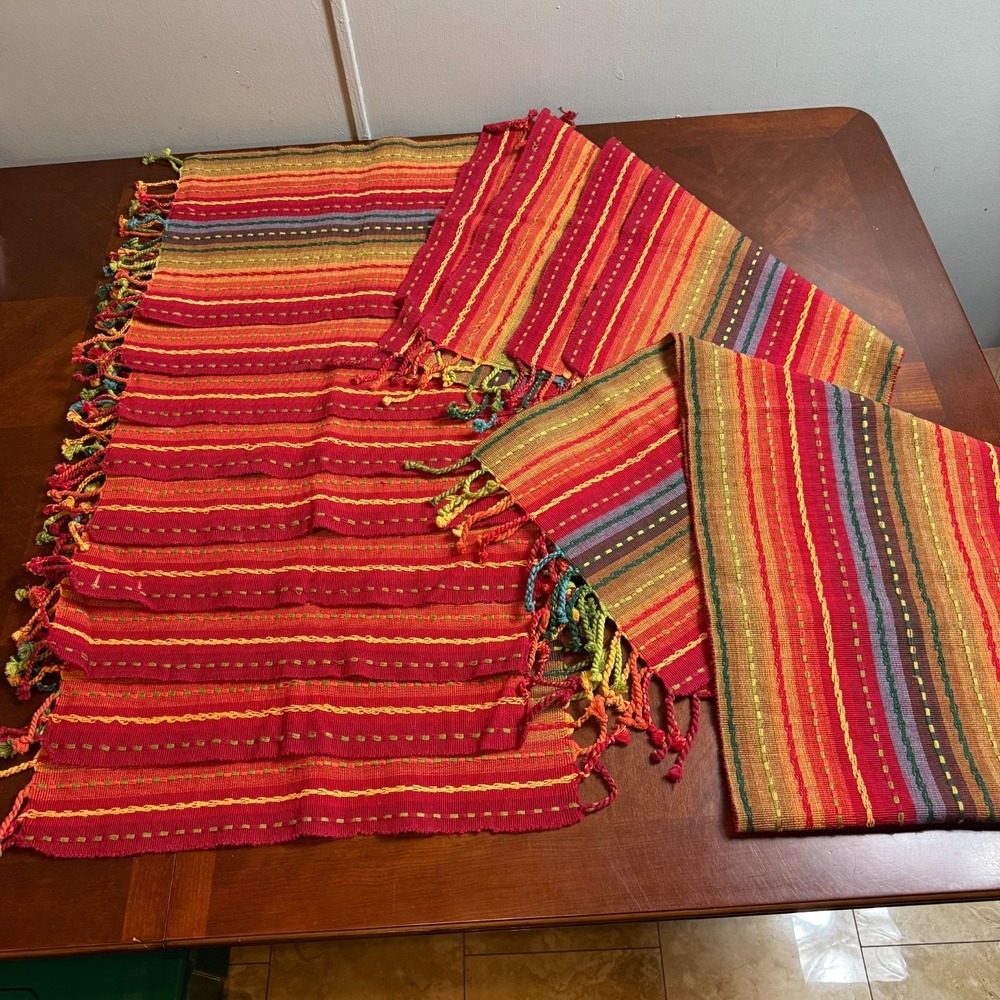 Pier 1 Imports 14pc Table Set 13 Placemats + Runner Red Striped Boho Fringe